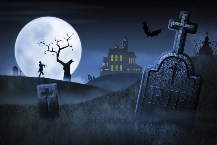 Spooky halloween night in cemetery with full moon, human zombie, bat and castle in background.