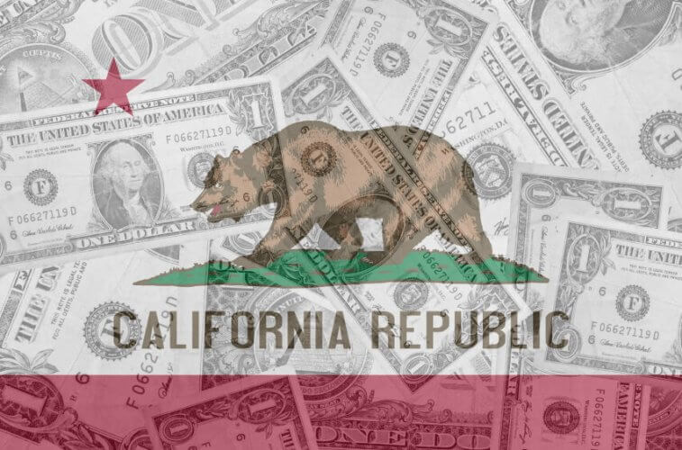 The Flag of the state of californai with a filter of transparent dollar bills to illustrate money in the California Republic.