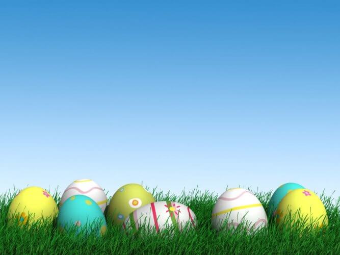 Decorated Easter eggs laying over grass under a clear blue sky