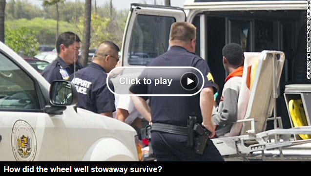 Photography of the jumbo jet wheel well stowaway being interrogated by policemen.