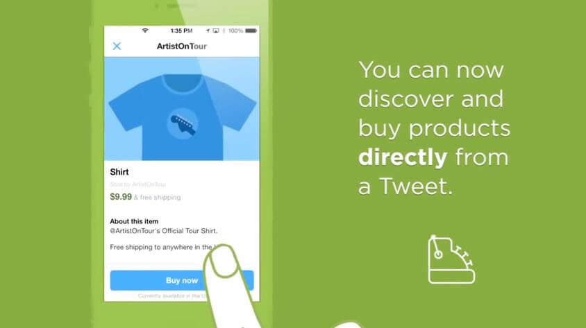 Illustration of a smartphone screen with a finger tapping on it to shop instantly on Twitter