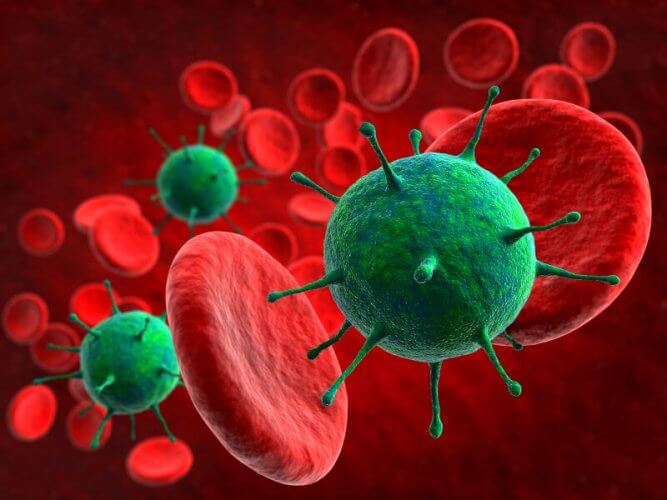 Illustration of viral particles next to red blood cells in a blood vessel