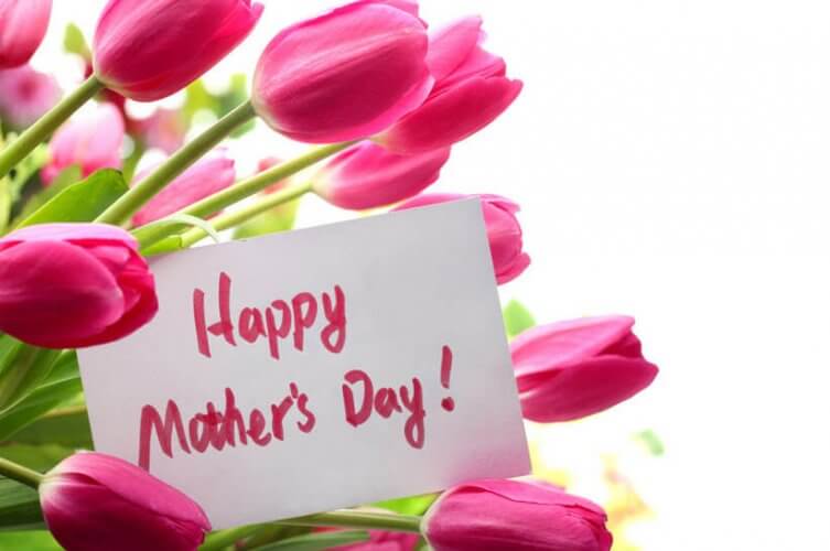 Happy Mother's day card in a bouquet of Tulips to depict 5 stops to make during a perfect Mother's day
