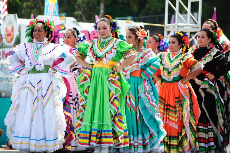 Mexican dancers performing in traditional clothing from Jalisco, Mexico to illustrate Mexican folklore