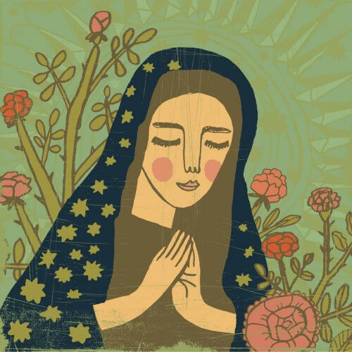 A Hand drawn portrait of the Virgin Mary wearing a veil and praying.