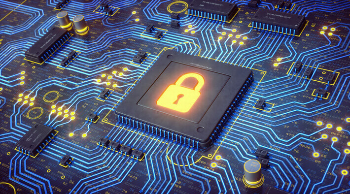 An abstract 3D render of a microprocessor looking like a security lock on a circuit board with many electrical components glowing.