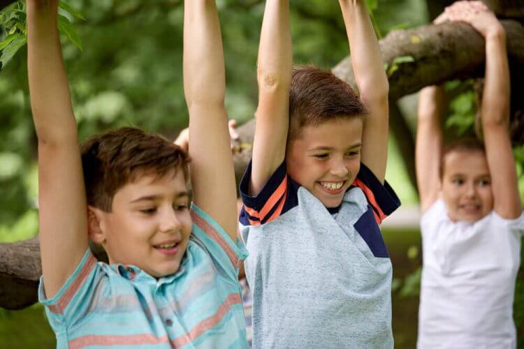 Close up of happy kids hanging on tree to illustrate ways to protect kids from outdoor accidents