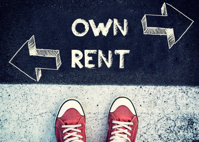 Close up to a person's tennis shoes standing above sign for own vs. rent with arrows pointing different directions.