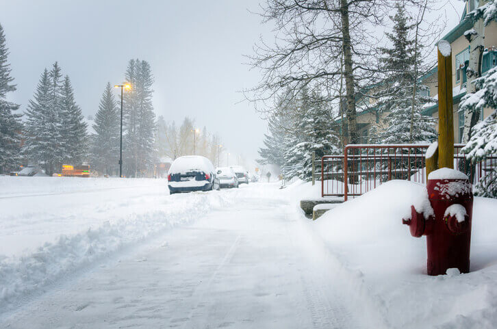 Sidewalk and parked cars covered in snow during heavy snowfall at dawn. Pine trees in background.