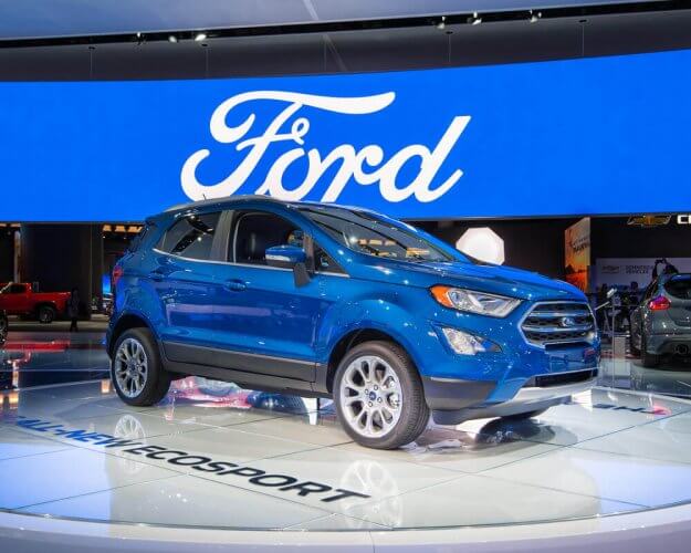 Ford Ecosport SUV displayed at a Ford showroom to illustrate how Ford plans to abandon sedan production to favour trucks and suvs.