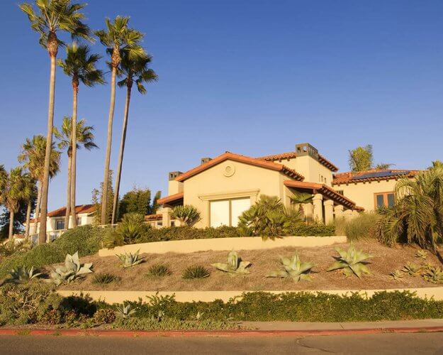 Luxury house on top of a small hill surrounded by palm trees, bushes and aloe plants amongst brown grass.