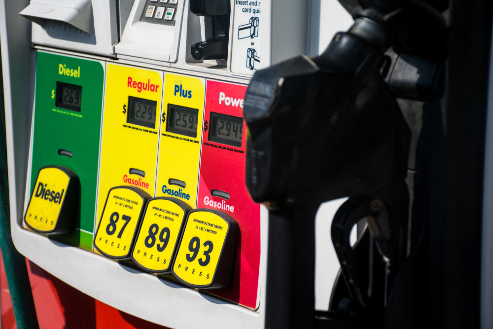 Gas pumps showing grades of gasoline and octane ratings