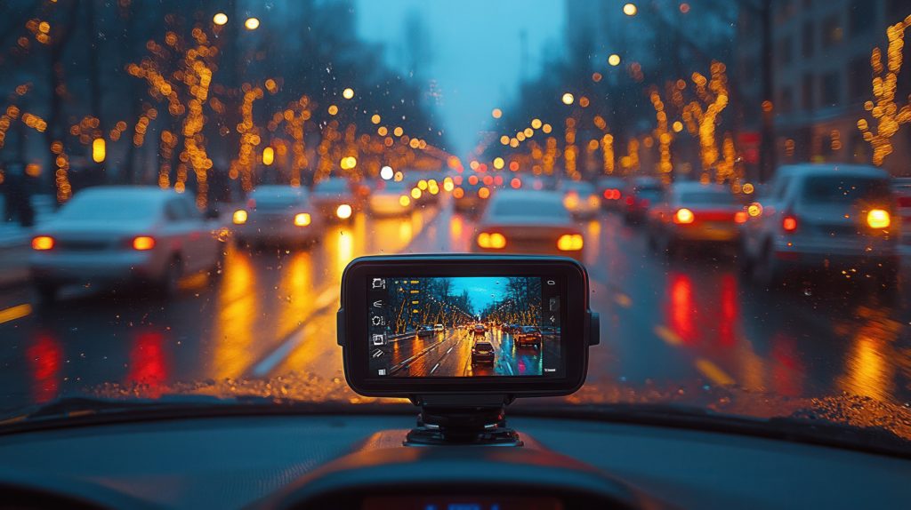 Vista desde el interior de un auto en una calle lluviosa con tráfico, enfocándose en una dashcam que graba la carretera iluminada por luces nocturnas.