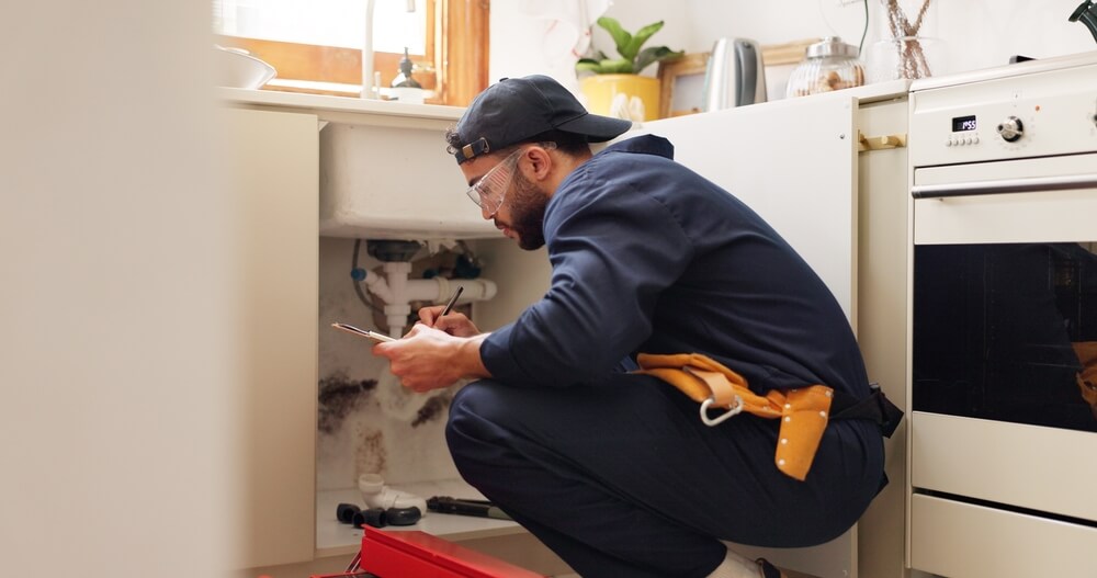 Técnico inspecciona tuberías bajo el fregadero como parte de los requisitos para asegurar tu casa y prevenir daños.