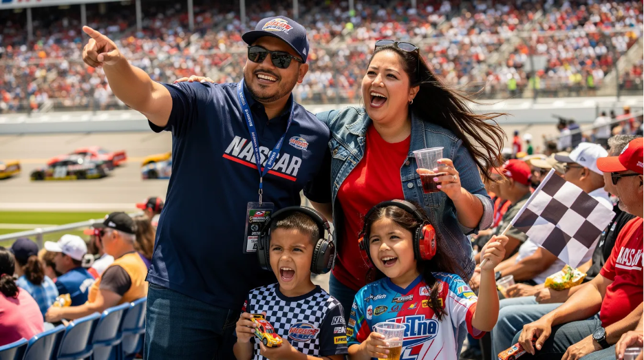 Una familia hispana disfruta de una emocionante carrera de NASCAR en el Texas Motor Speedway, rodeada de autos veloces y el ambiente vibrante de los eventos deportivos. La experiencia familiar se ve enriquecida por la presencia de pilotos legendarios como Richard Petty y la energía del público.