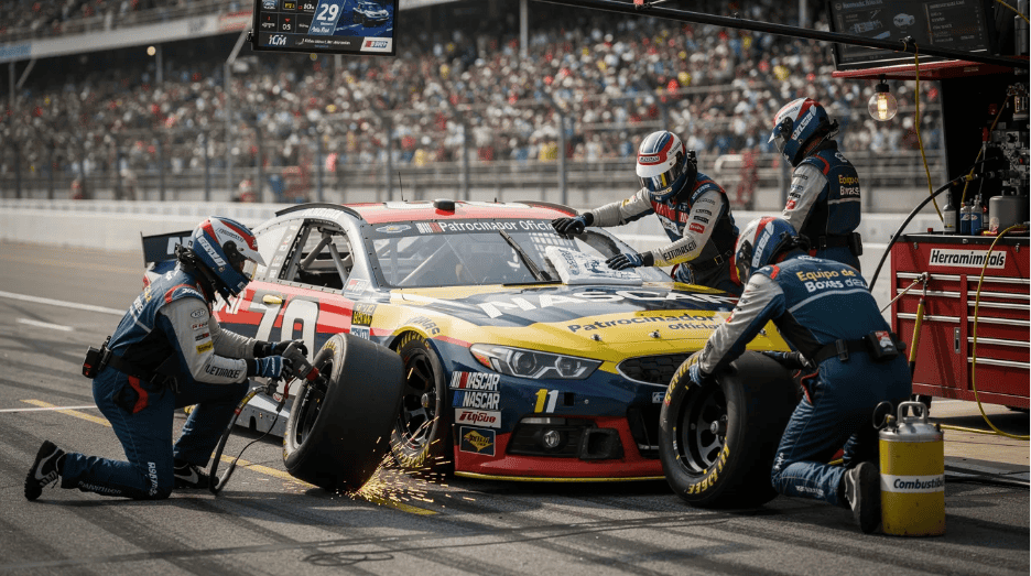 Un equipo de boxes trabaja de manera coordinada en un auto durante una parada rápida, cambiando neumáticos y reabasteciendo combustible, como parte de la estrategia clave de NASCAR en las paradas de pits en la competición.