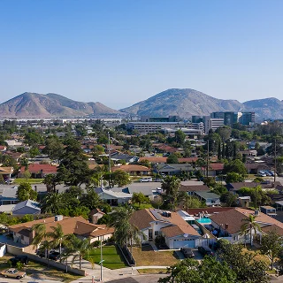 Daytime aerial view of the city center of Fontana, California – cheap car insurance in Fontana, California.