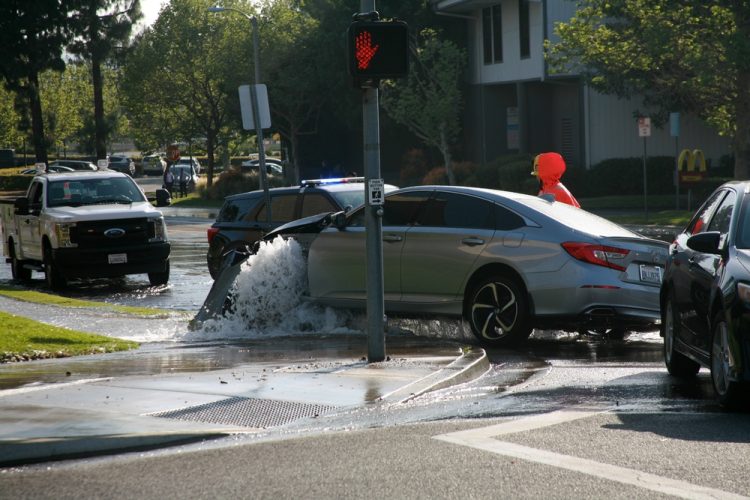 A car in California ran over a fire hydrant and flooded the street