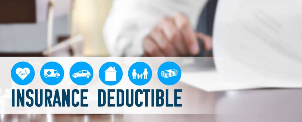 A Banner that reads insurance deductible and shows logos that represent various kinds of insurance to illustrate what is a deductible