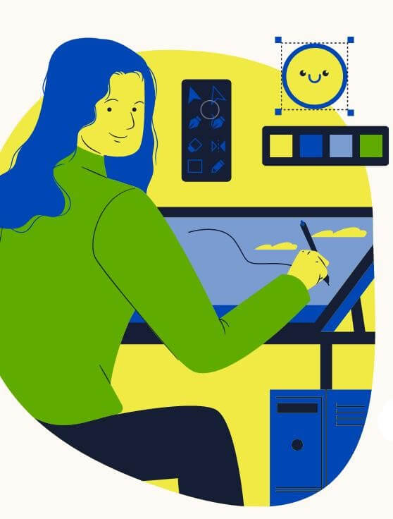 ilustration of a happy woman drawing on a tablet coping with coronavirus stress