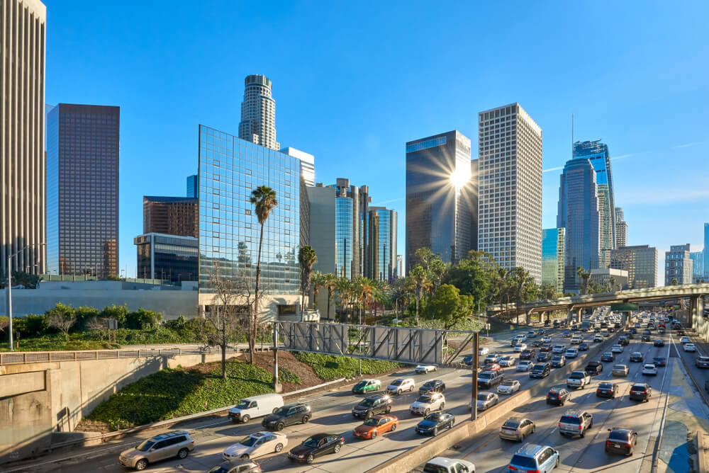 Los Angeles California downtown cityscape panorama with cars and sr22 insurance