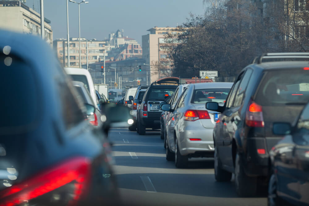 several cars in traffic jam on road