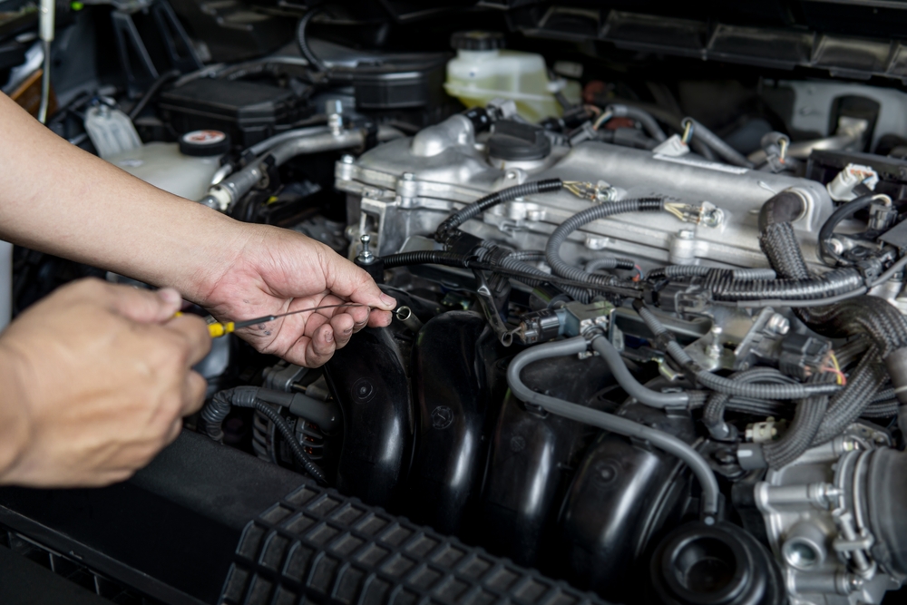 Hands checking the oil before buying a used car