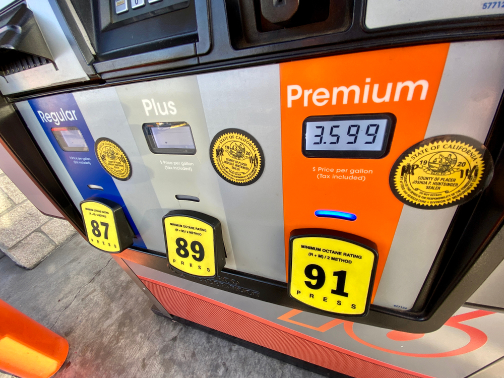 Photo of gas pumps showing the different grades of gasoline