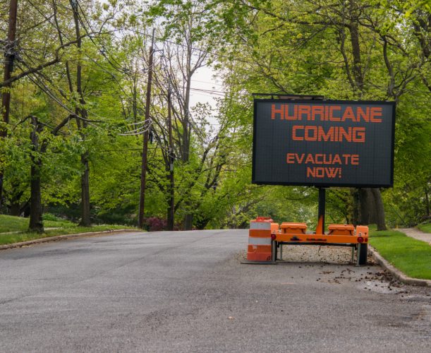 Hurricaen evacuation sign in roadway