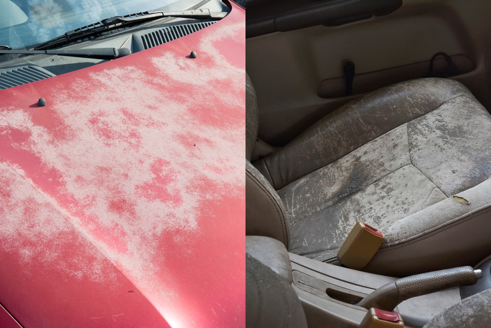 Side-by-side image of heat-damage on the external and internal of a car.