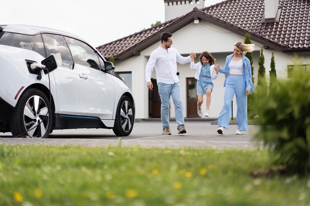 Family walking beside their electric car outside their home, illustrating how location can influence car insurance rates.