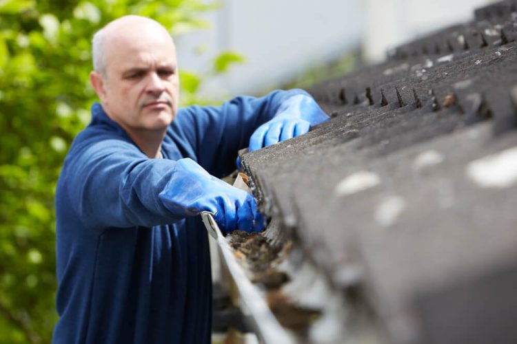 Homeowners cleans roof gutters as part of spring home maintenance.