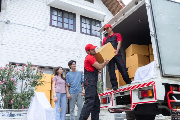 Couple watches as movers load boxes for a move - cheap home and car insurance.