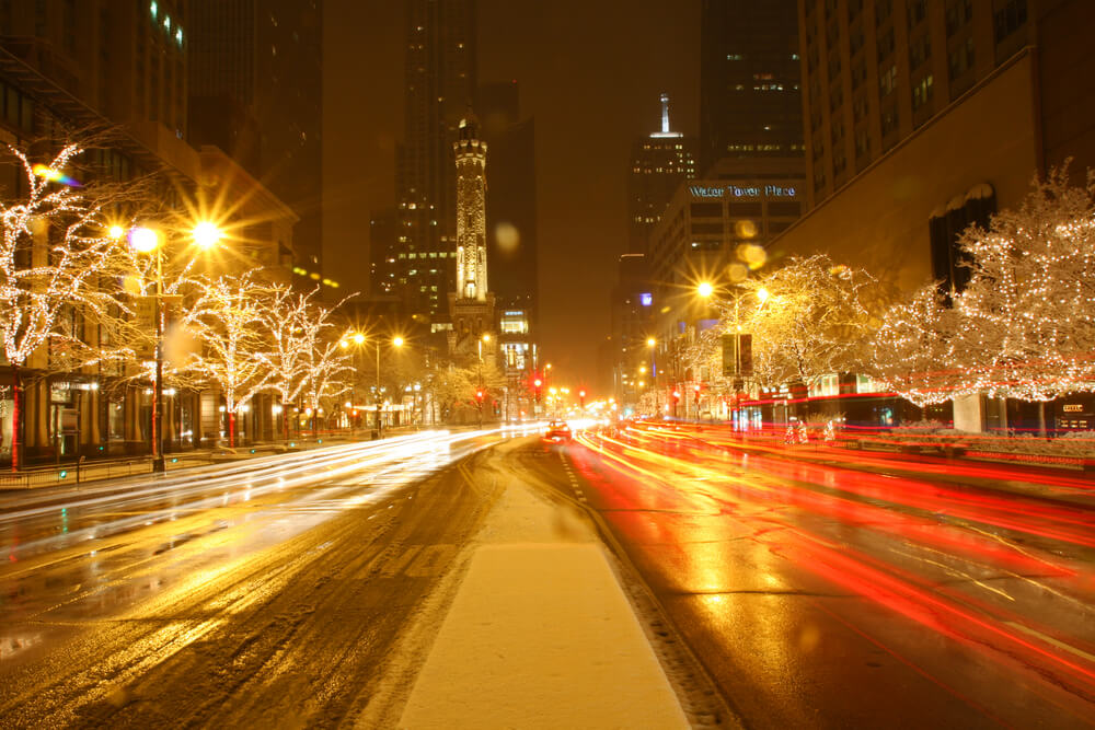 Chicago's Michigan Avenue at Night in a Snow Storm