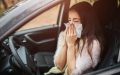 Woman blows her nose, suffering from spring allergies, while behind the wheel of her car - cheap car insurance.