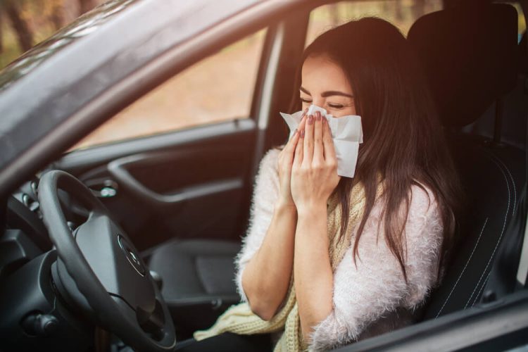 Woman blows her nose, suffering from spring allergies, while behind the wheel of her car - cheap car insurance.
