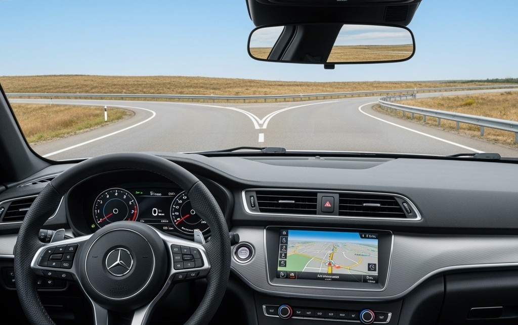 Ultra-realistic view from inside the front of a modern car, showing the dashboard and GPS navigation screen. The car is driving on a highway that is approaching a fork, where the road splits into two clear paths ahead, illustrating the need to choose the best car insurance company.