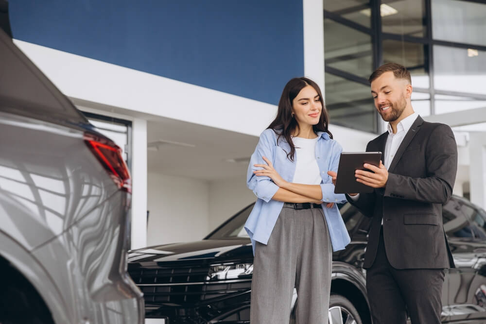 Car salesperson shows a tablet to a woman browsing vehicles inside a bright dealership showroom, reflecting negotiation tactics like how to beat the car salesman.