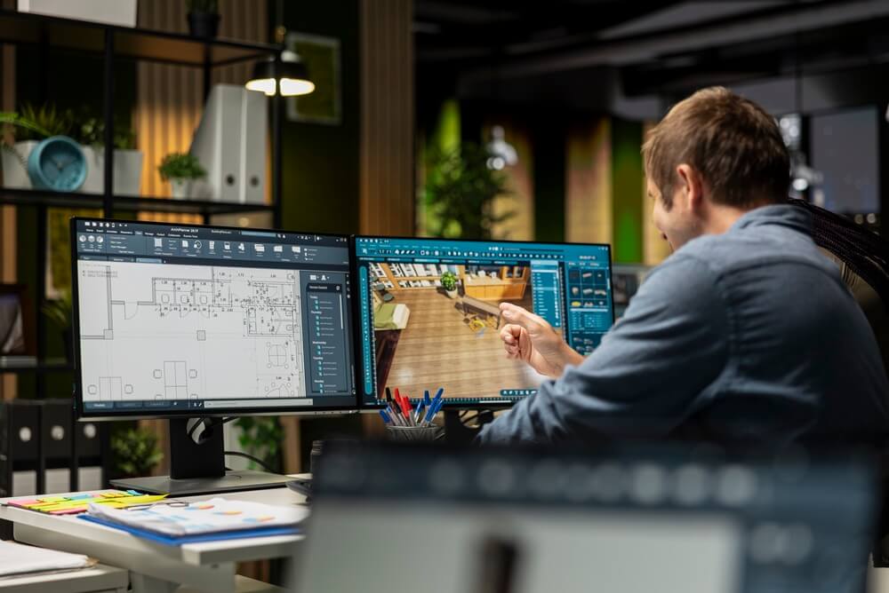 Professional working on digital design software in an office, representing online business insurance for freelancers and remote businesses.