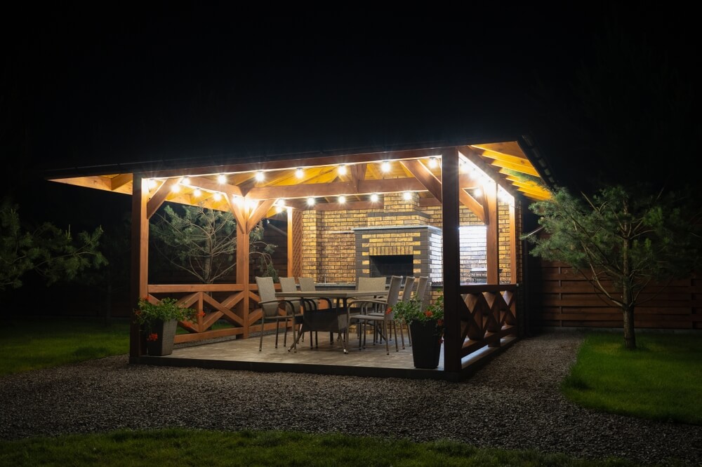 Backyard gazebo with lights, dining space, and fireplace at night, showing how homeowners coverage protects your backyard investments.