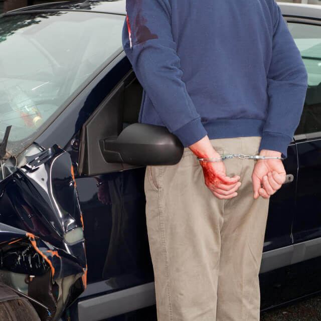 Picture of back of man in handcuffs. He stands facing drivers window of a car with crashed front. Left hand with blood.