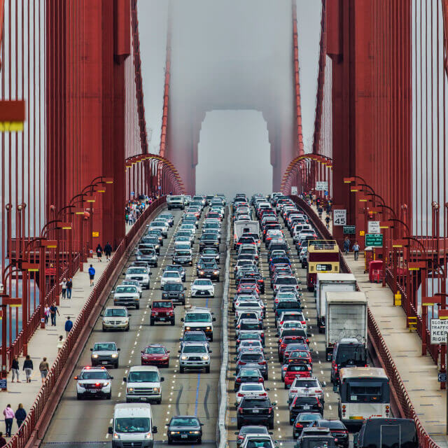 Picture of a traffic jam on the Golden Gate Bridge in San Francisco.