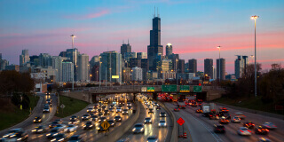 Chicago skyline and freeway at night