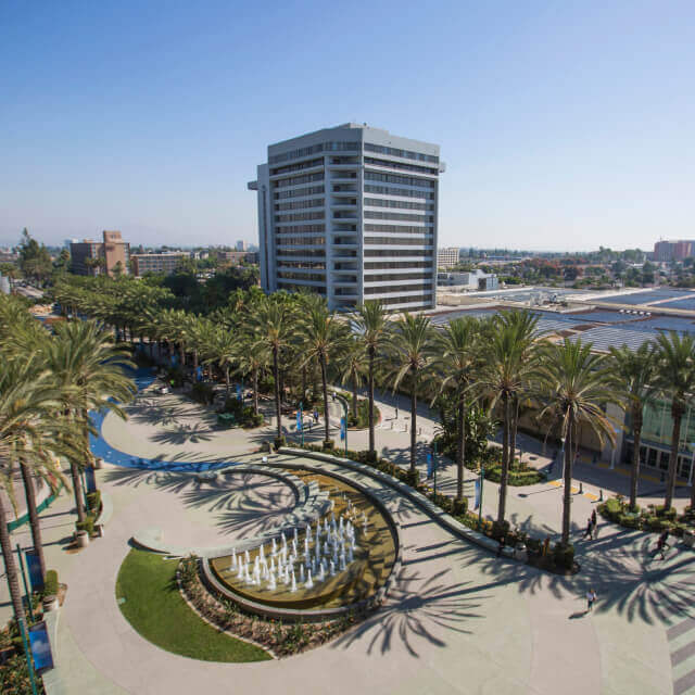 Anaheim, California office building and park with palm trees