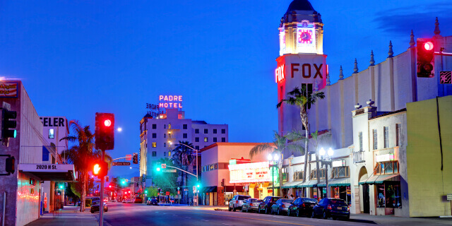 Evening view of the Fox Theater in Bakersfield