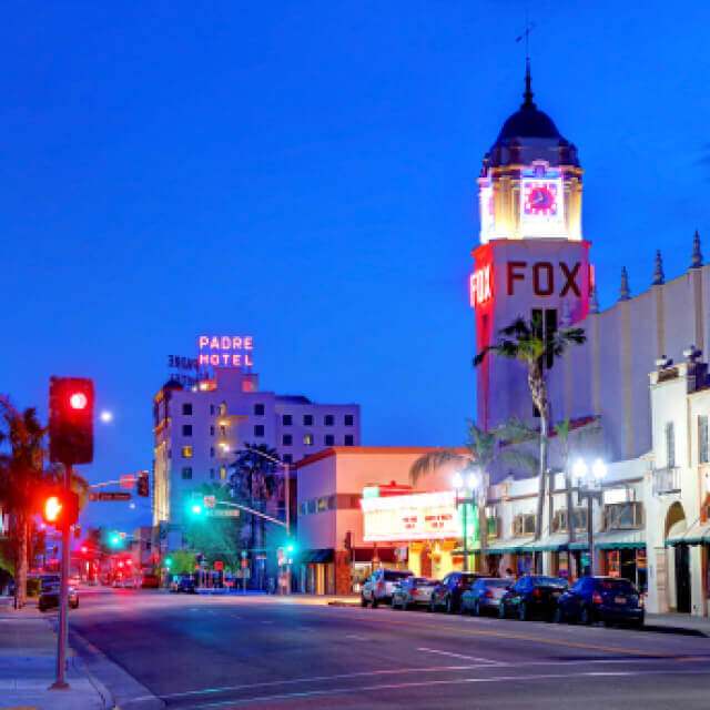 Evening view of the Fox Theater in Bakersfield