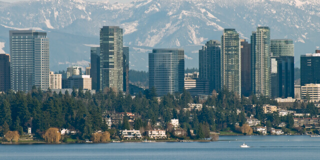 City of Bellevue between Lake Washington and Cascade Mountains in Washington state