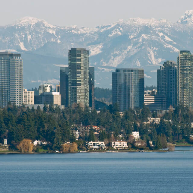 City of Bellevue between Lake Washington and Cascade Mountains in Washington state