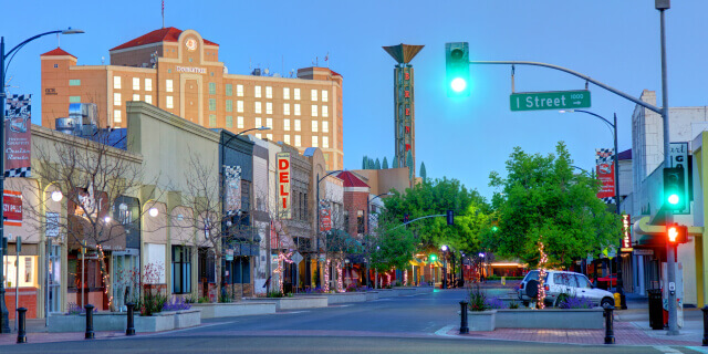 Morning view of shops and restaurants along 10th street in modesto california