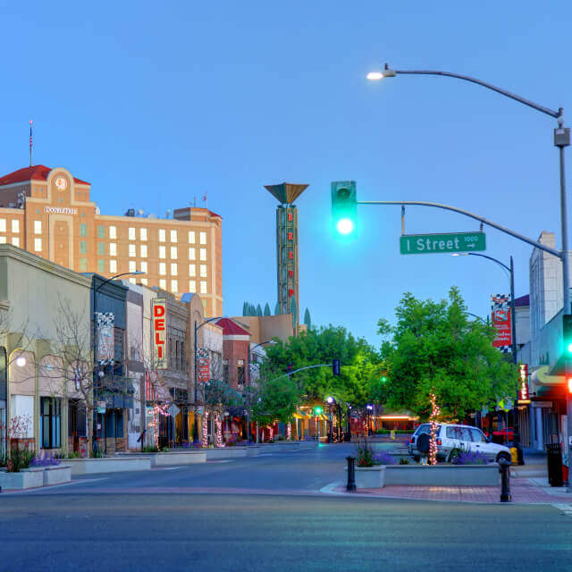 Morning view of shops and restaurants along 10th street in modesto california